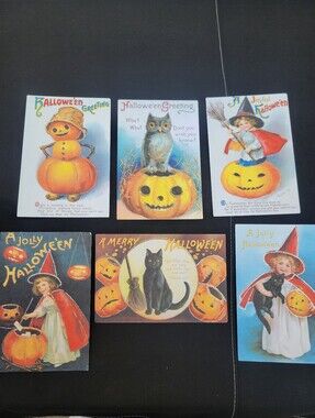 Halloween Postcards (6) Cavallini Papers & Co Vintage Look  Glitter Accent Cute